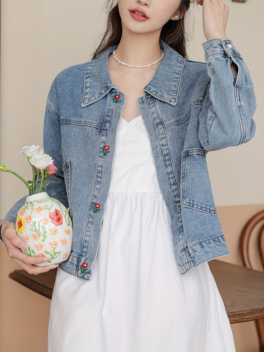 Cute Floral Embroidery Single-breasted Denim Coat, Long Sleeve Lapel Casual Denim Jacket, Women's Denim Jeans & Clothing