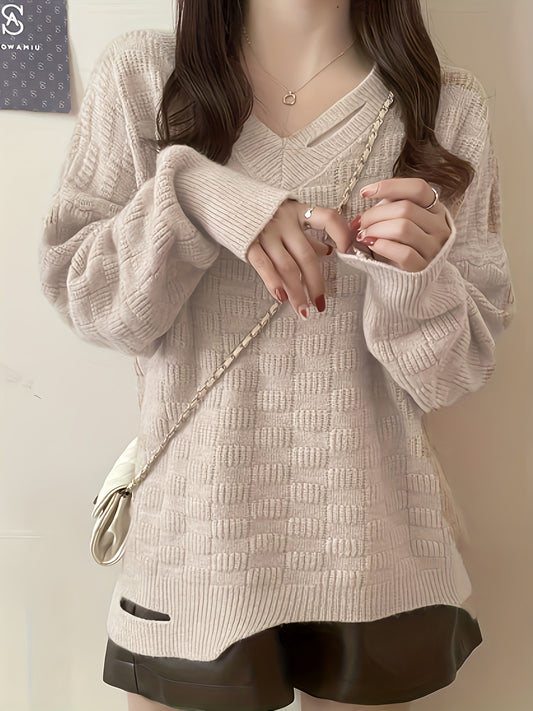 Cozy and Chic Women's Knitted V-Neck Pullover Sweater with Long Sleeves